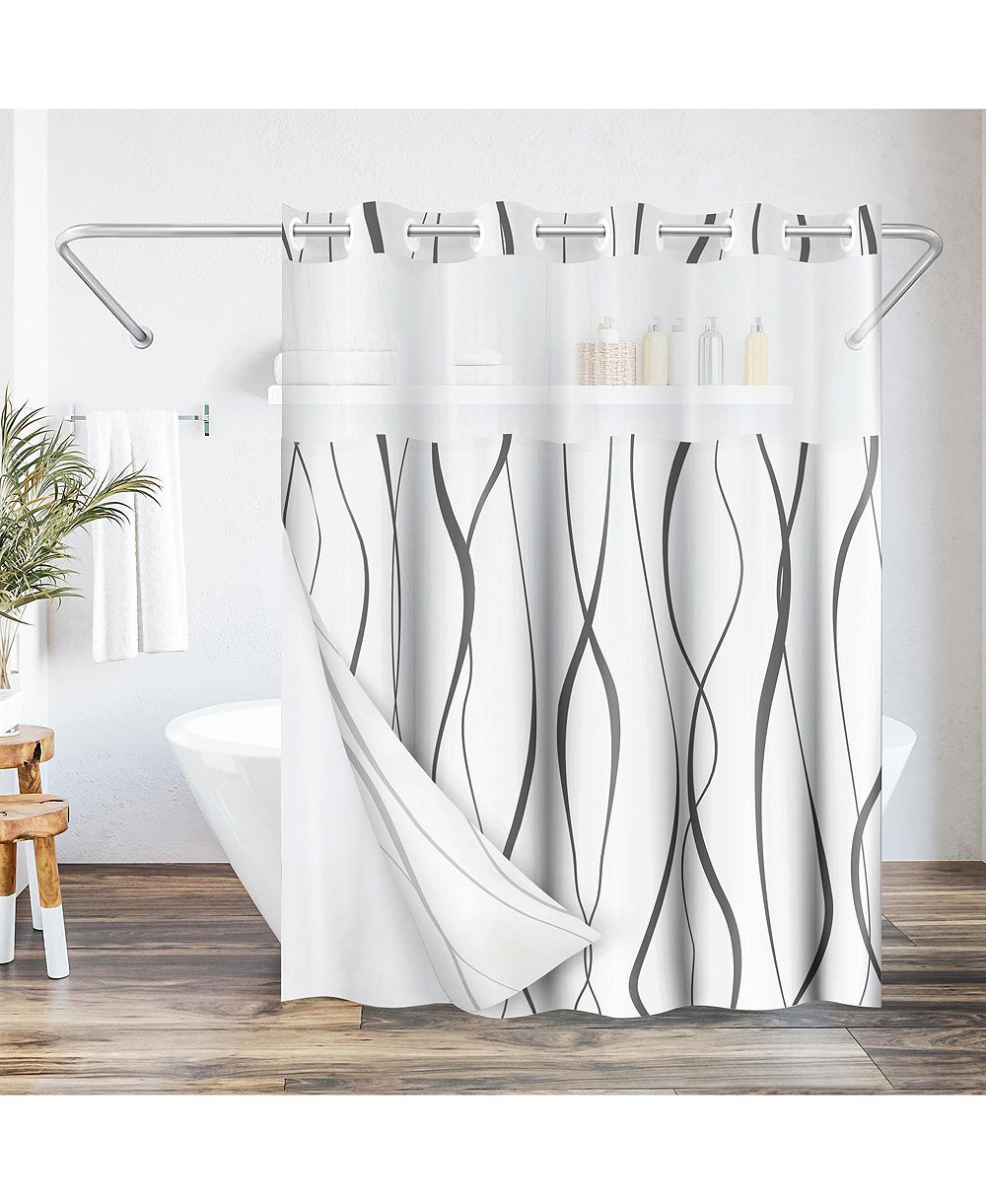 Americanflat  Hookless Shower Curtain Abstract Curve Lines Shower Curtain with Sheer Panel, Snap-In Liner, and Grommets, 72x75
