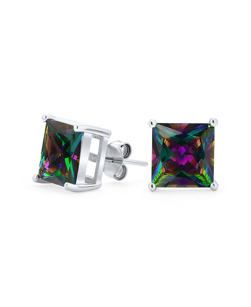 Bling Jewelry квадратные черные серьи-гвоздики с мистическим радужным кубическим цирконием, стерлинговое серебро