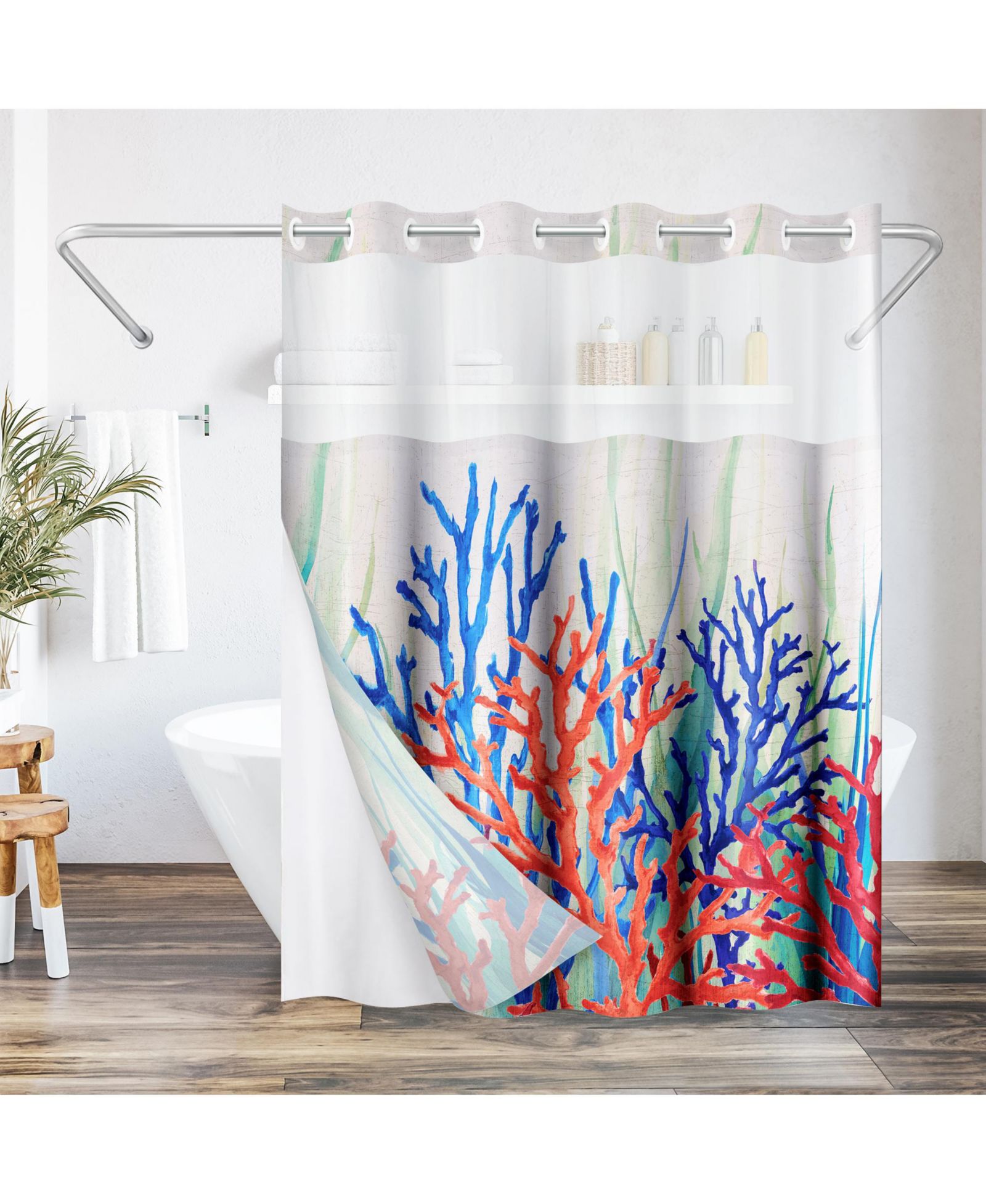 Americanflat Hookless Coastal Shower Curtain with Sheer Panel, Snap-In Liner & Grommets, 72" x 75"