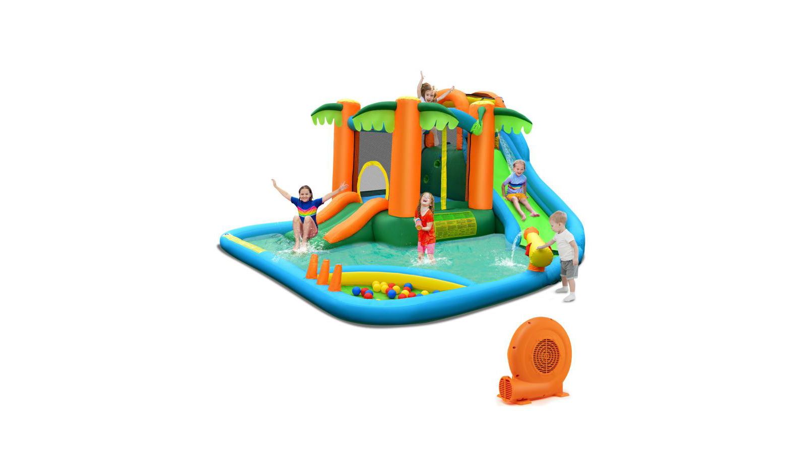 7-in-1 Inflatable Water Slide Park with Trampoline Climbing and 680W Blower