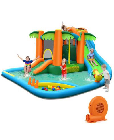7-in-1 Inflatable Water Slide Park with Trampoline Climbing and 680W Blower