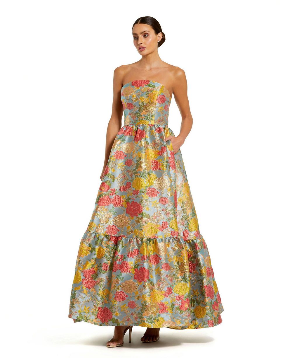 Mac Duggal женское платье-макси без бретелек из жаккардовой ткани с цветочным узором и подолом-оборкой