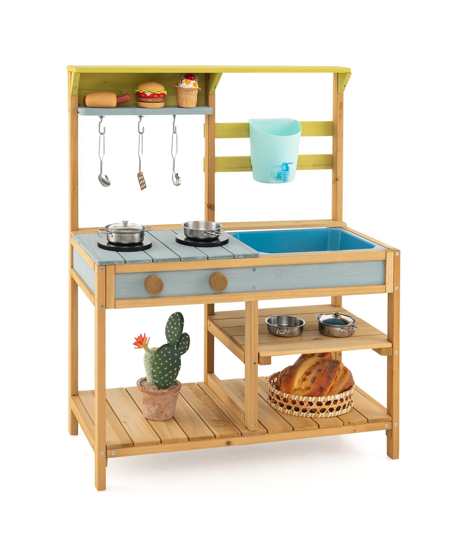 Mecale Outdoor Wooden Play Kitchen with Water Box and Faucet, Ages 3+