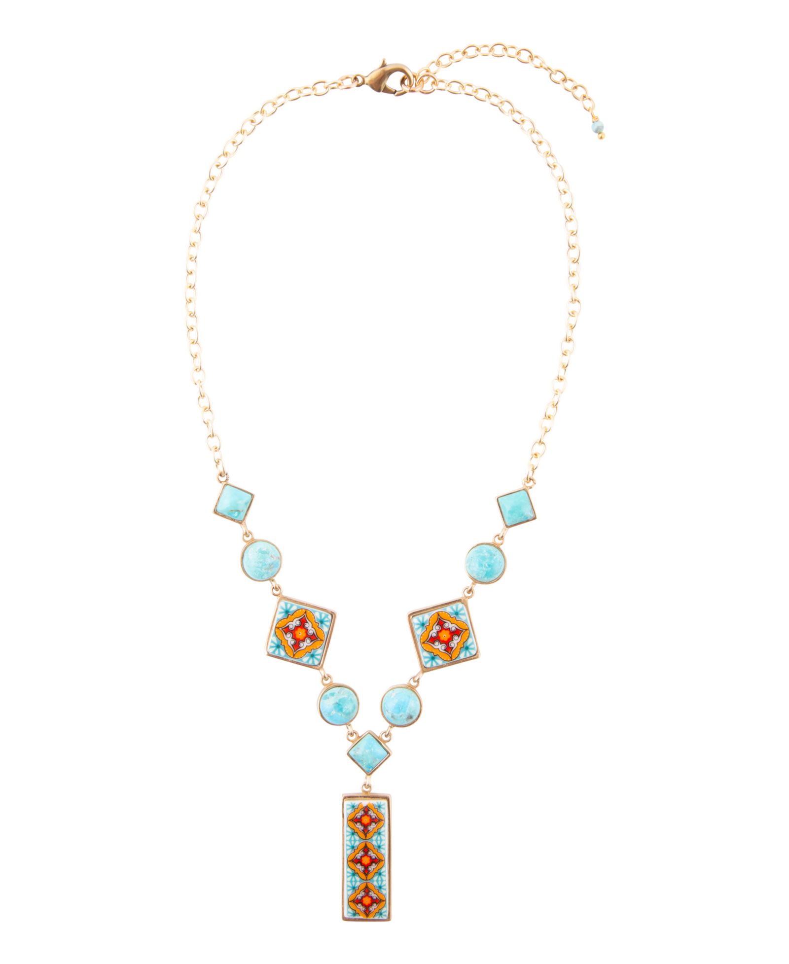 Золотая Y-цепочка Barse Talavera Tile and Blue Turquoise Golden