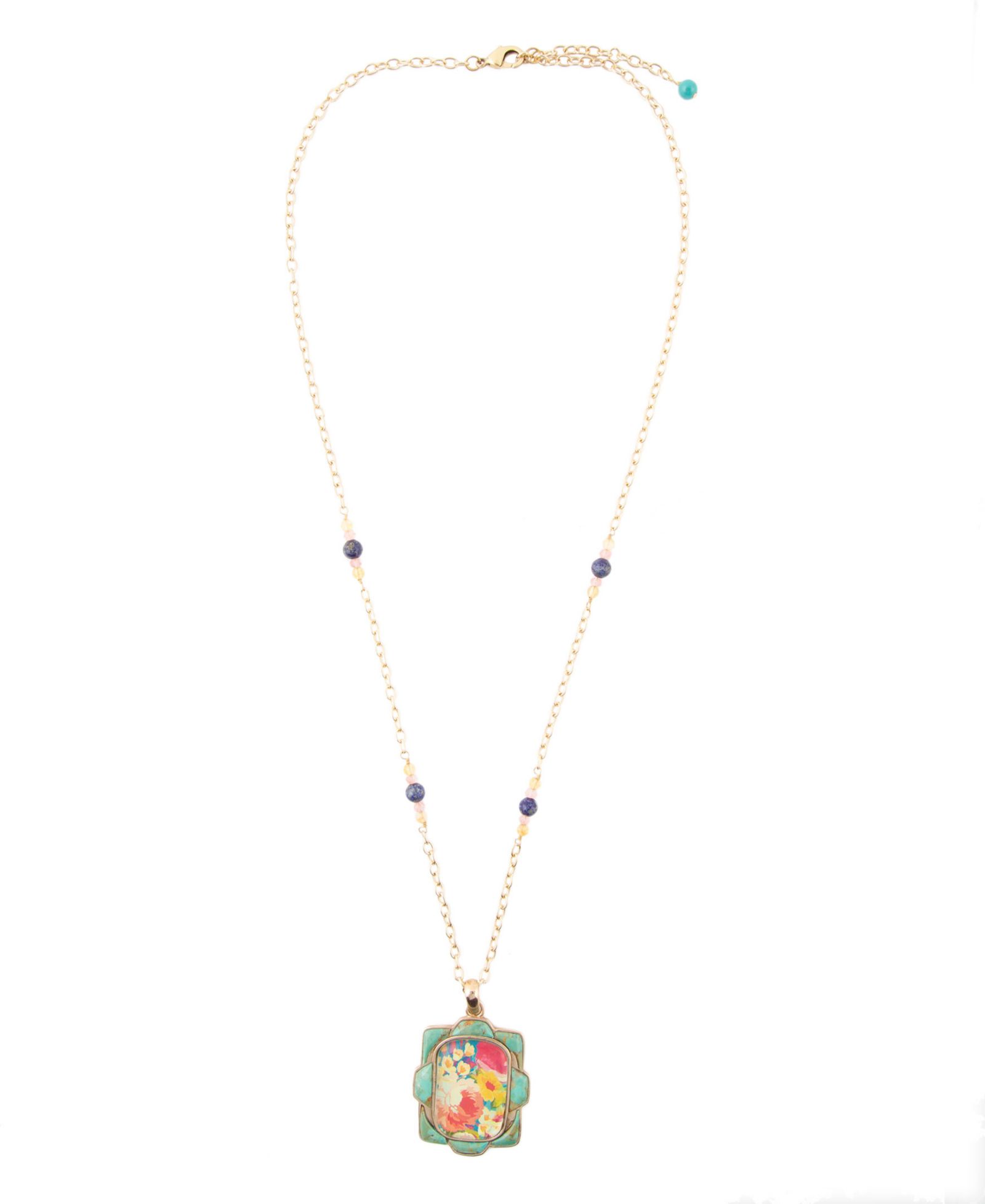 Barse Scenic Floral and Blue Turquoise Golden Pendant Necklace