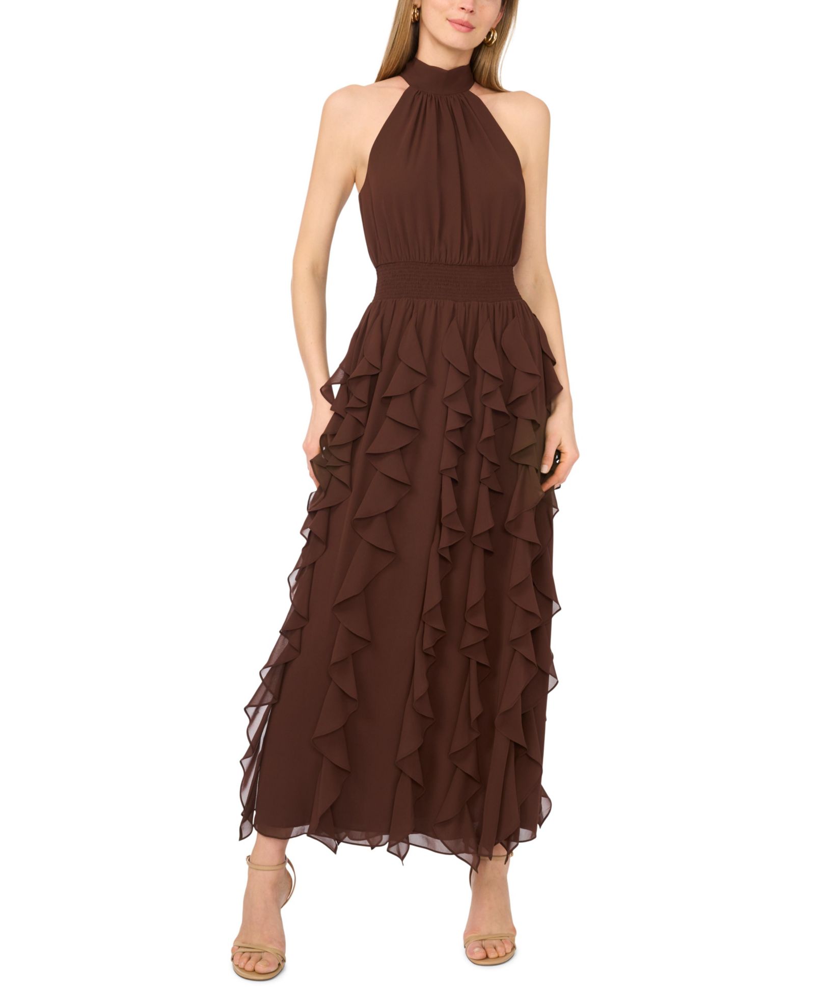 1.STATE Women's Halter Ruffle Maxi Dress
