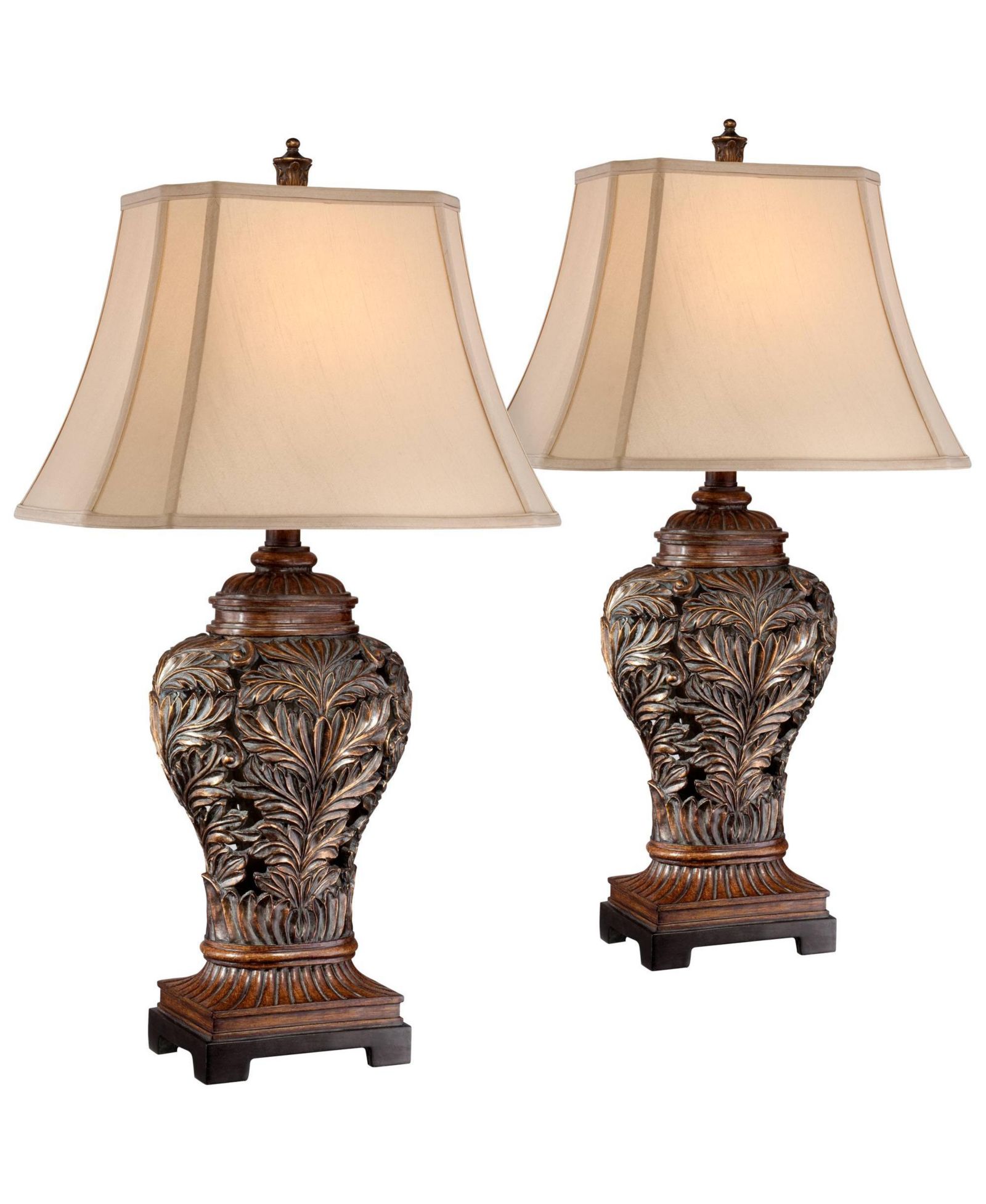 Regency Hill Traditional Table Lamps 32.5" Tall Set of 2 Bronze Curling Leaves Tan Rectangular Shade for Living Room Family Bedroom Bedside
