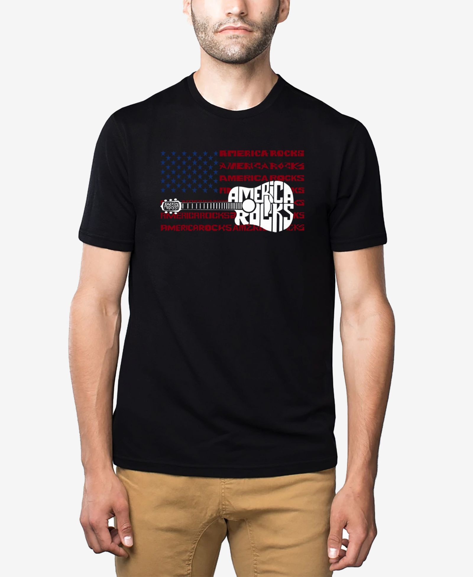 Мужская футболка LA Pop Art Cotton/Poly Blend Word Art America Rocks Guitar Flag