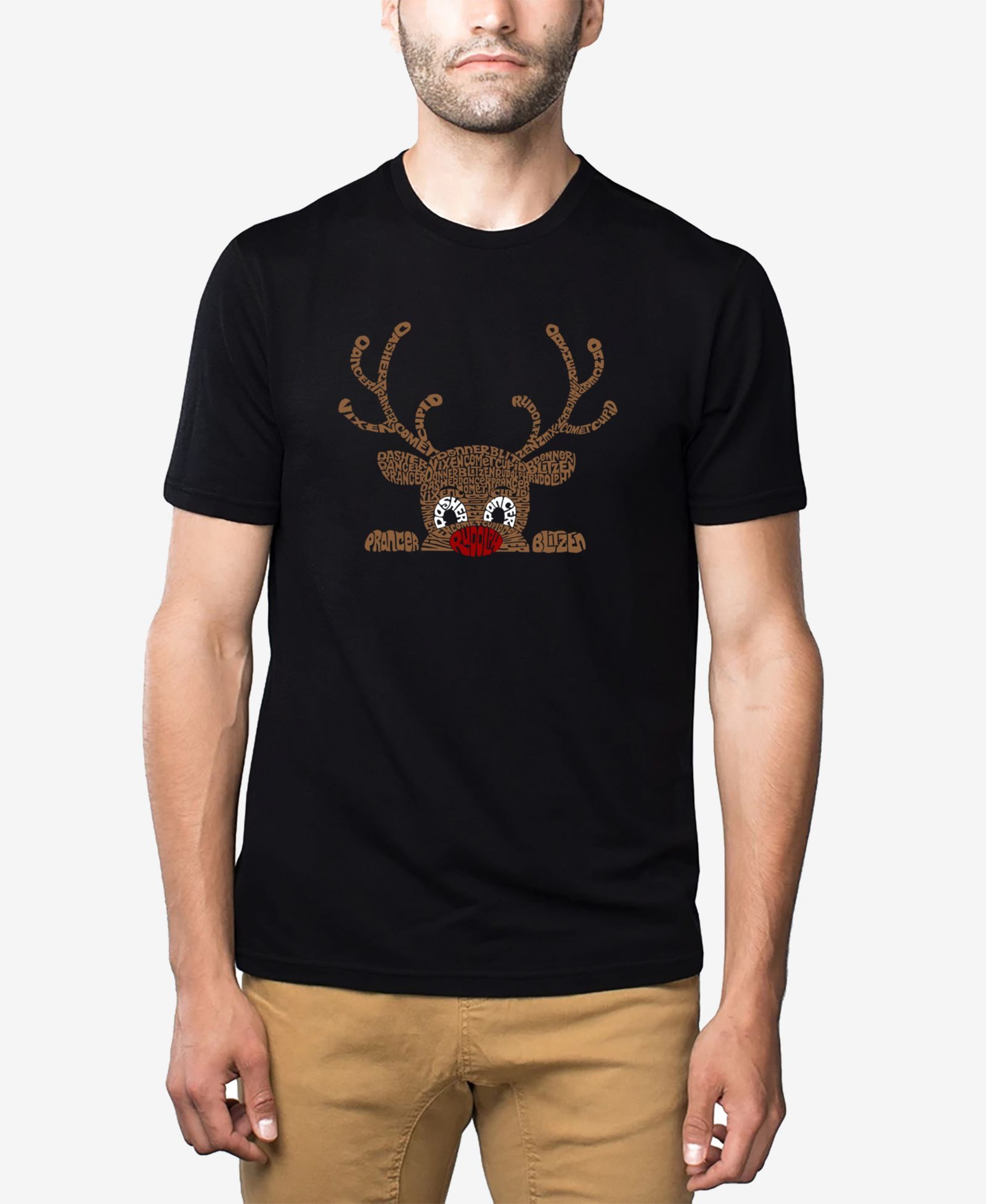LA Pop Art Men's Cotton/Poly Blend Word Art T-Shirt - Peeking Reindeer