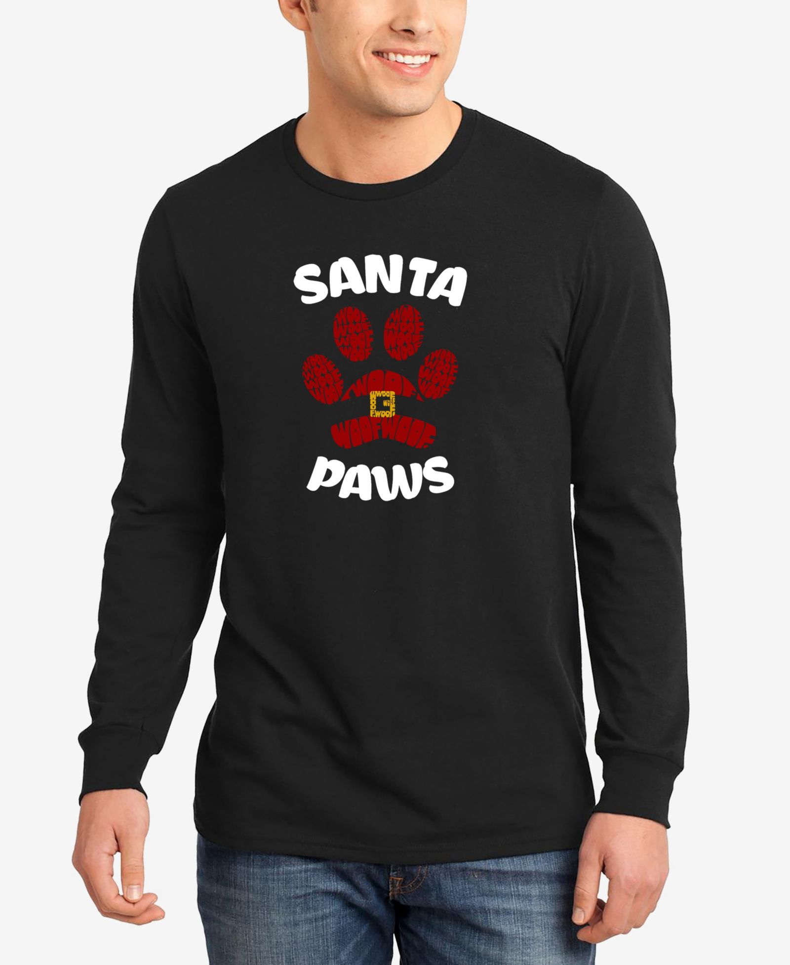 LA Pop Art Men's Santa Paws Word Art Long Sleeve T-Shirt
