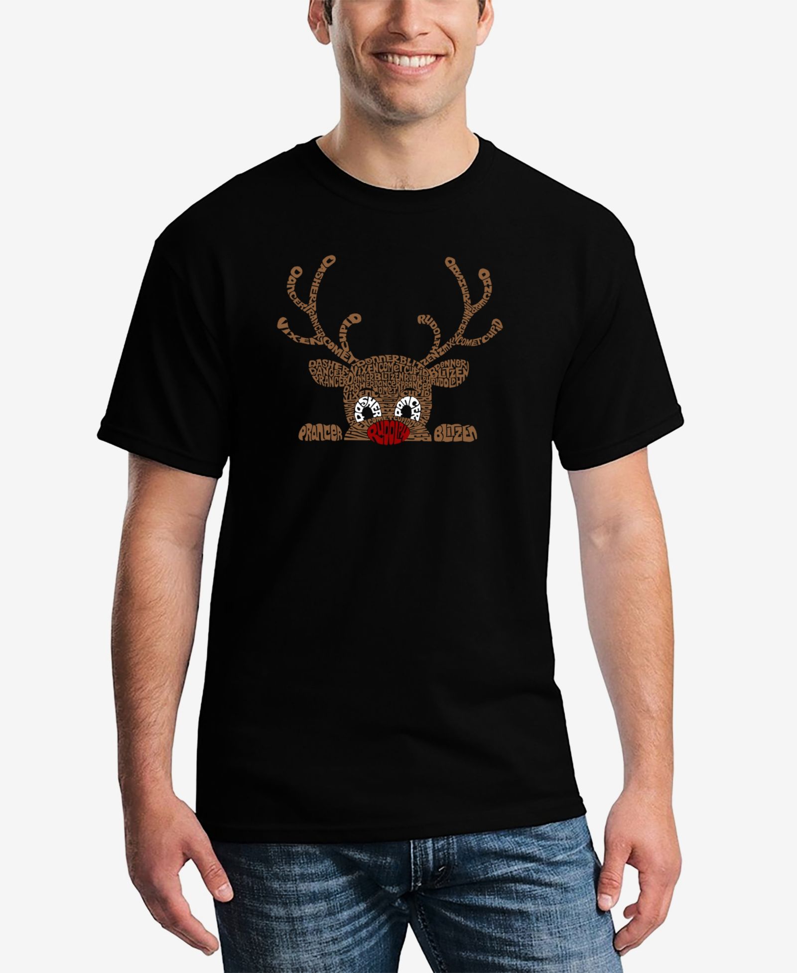 LA Pop Art Men's Peeking Reindeer Word Art T-Shirt