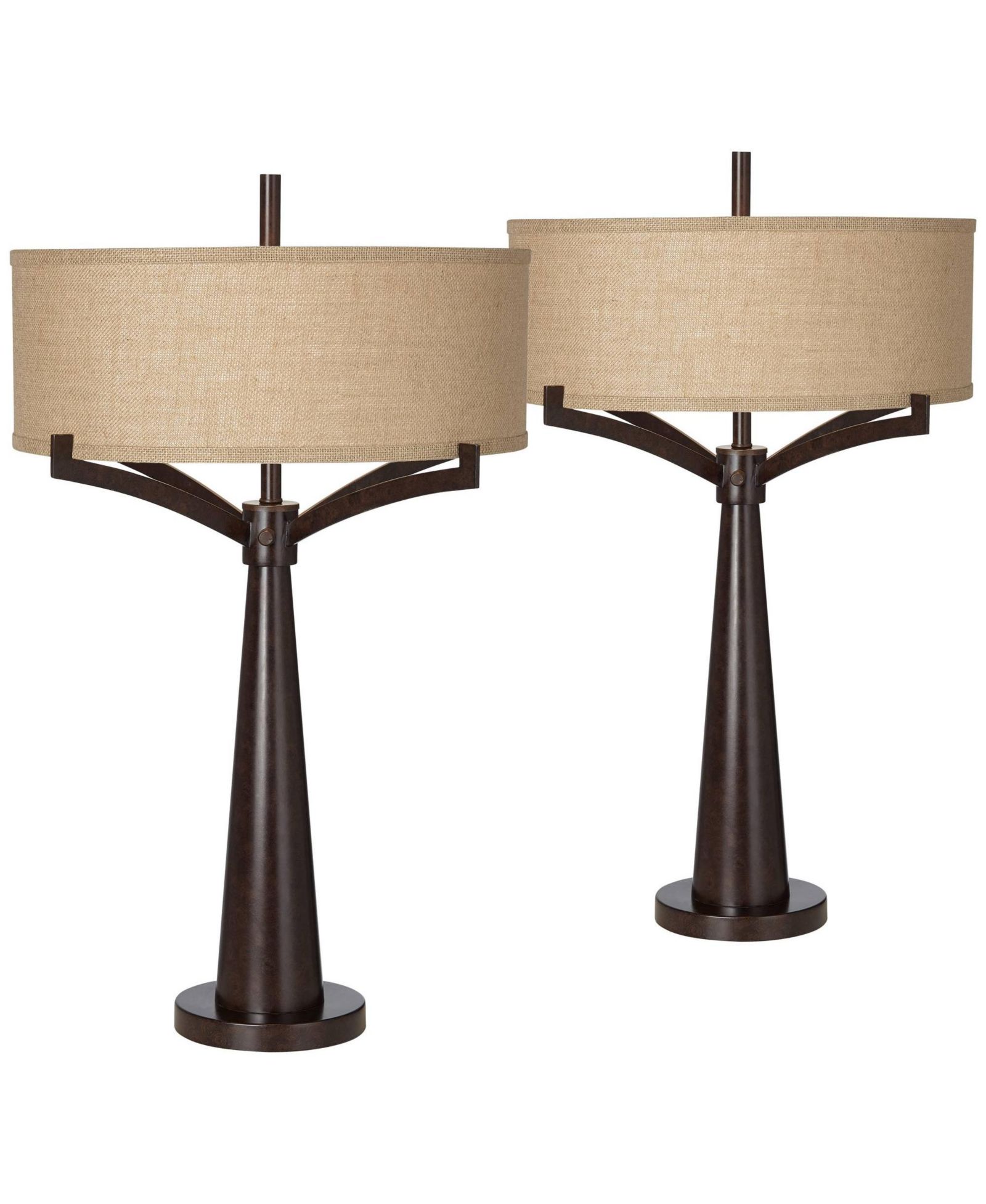 Franklin Iron Works Tremont Modern Mid Century Table Lamps 31 1/2" Tall Set of 2 Rich Bronze Iron Burlap Fabric Drum Shade for Bedroom Living Room