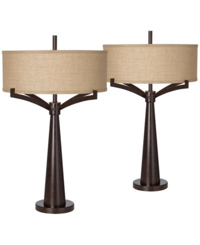 Набор настольных ламп Franklin Iron Works Tremont Modern Mid Century 31 1/2" Tall Rich Bronze Iron Burlap Fabric Drum Shade