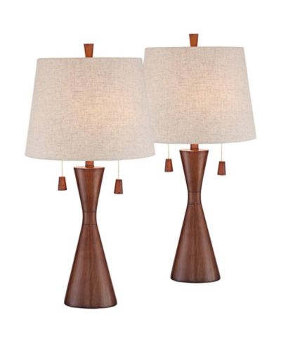 360 Lighting Omar Modern Modern Mid Century Table Lamps 28 3/4" Tall Set of 2 Brown Wood Oatmeal Tapered Drum Shade для спальни и гостиной