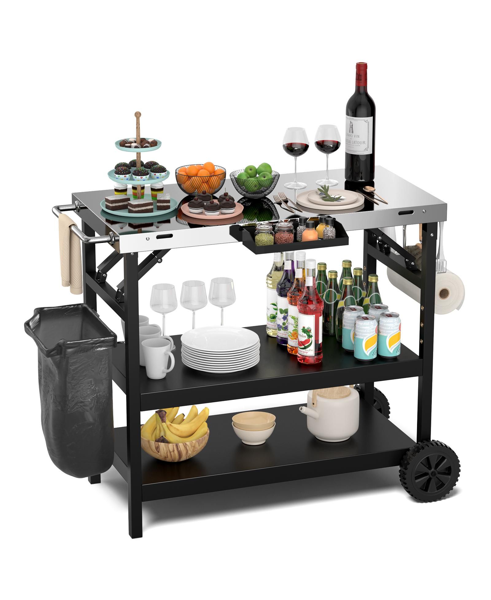 Ecooso 3 Tiers Foldable Outdoor Cart on 2 Wheels with Phone Holder
