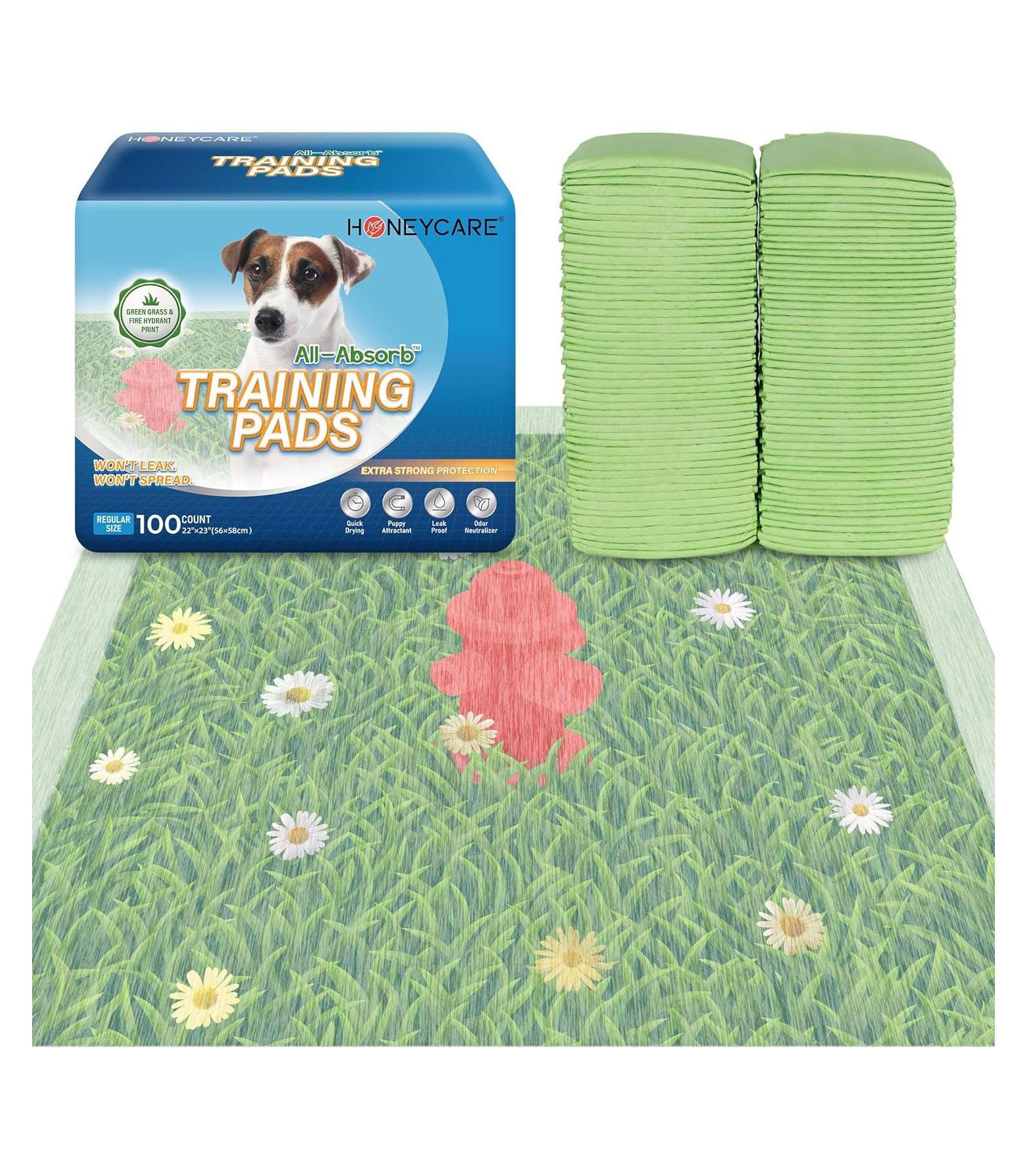 HoneyCare Dog Training Pads with Printed Grass & Fire Hydrant, Odor Eliminating Puppy Pads Premium Dog Pads 22x23 inch, 200ct