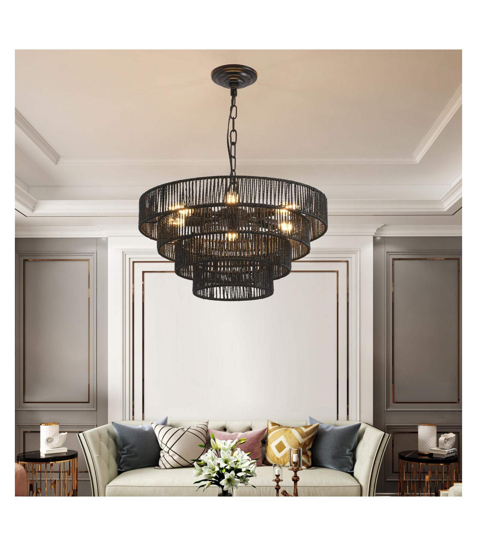 Streamdale Furniture 4-Tier Black Hemp Rope Chandelier with 6 Sockets, UL Listed Hardwired Pendant Light