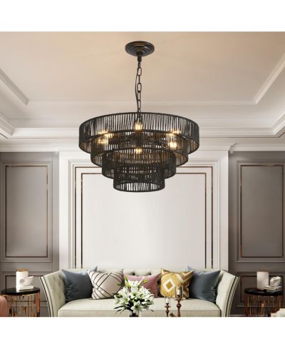 Streamdale Furniture 4-Tier Black Hemp Rope Chandelier with 6 Sockets, UL Listed Hardwired Pendant Light