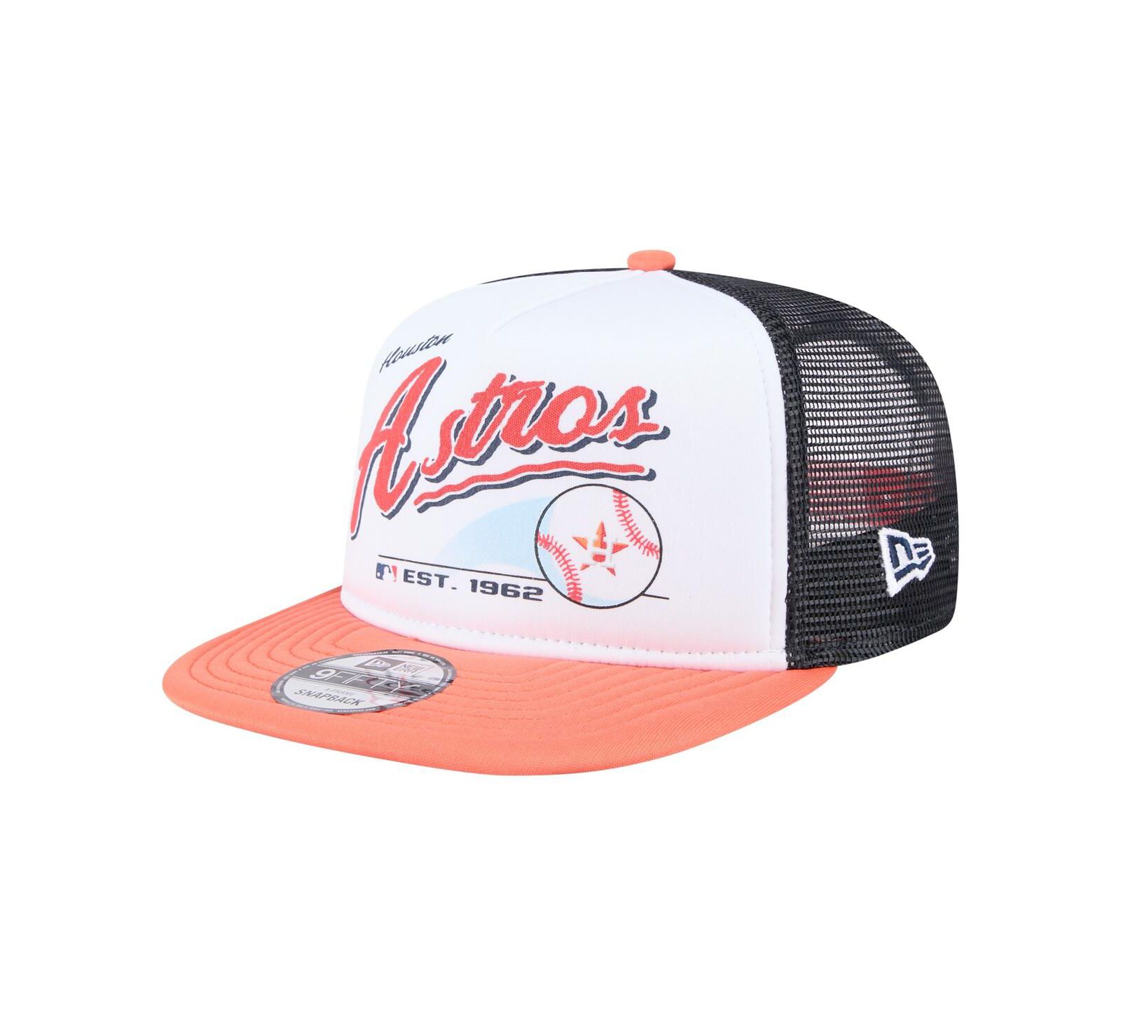 Мужская кепка New Era White/Orange Houston Astros Retro Script Trucker 9FIFTY Snapback