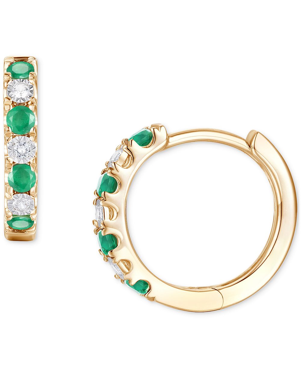 Emerald (1/6 ct. t.w.) & Diamond Accent Small Hoop Earrings in 10k Gold, 0.75" (Also in Ruby & Sapphire)