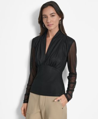DKNY Women's Mesh V-Neck Long-Sleeve Top