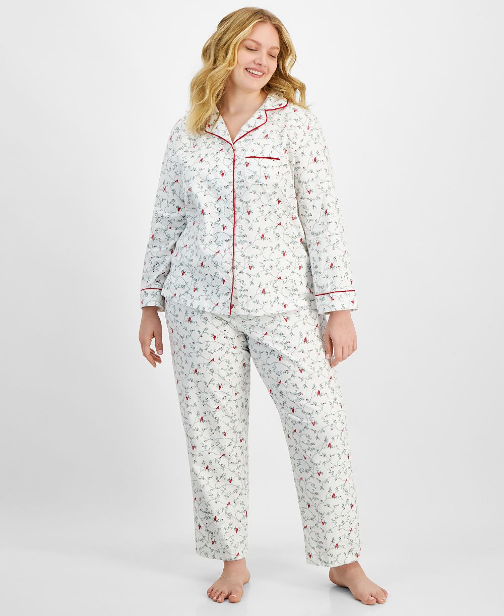 Charter Club Plus Size Cotton Flannel Printed Pajama Set, Created for Macy's