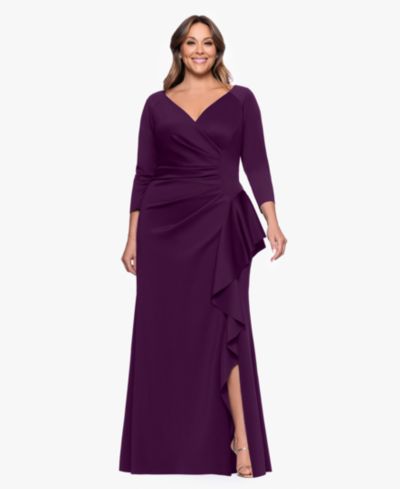 XSCAPE Plus V-Neck Ruffled Side-Slit Scuba Gown
