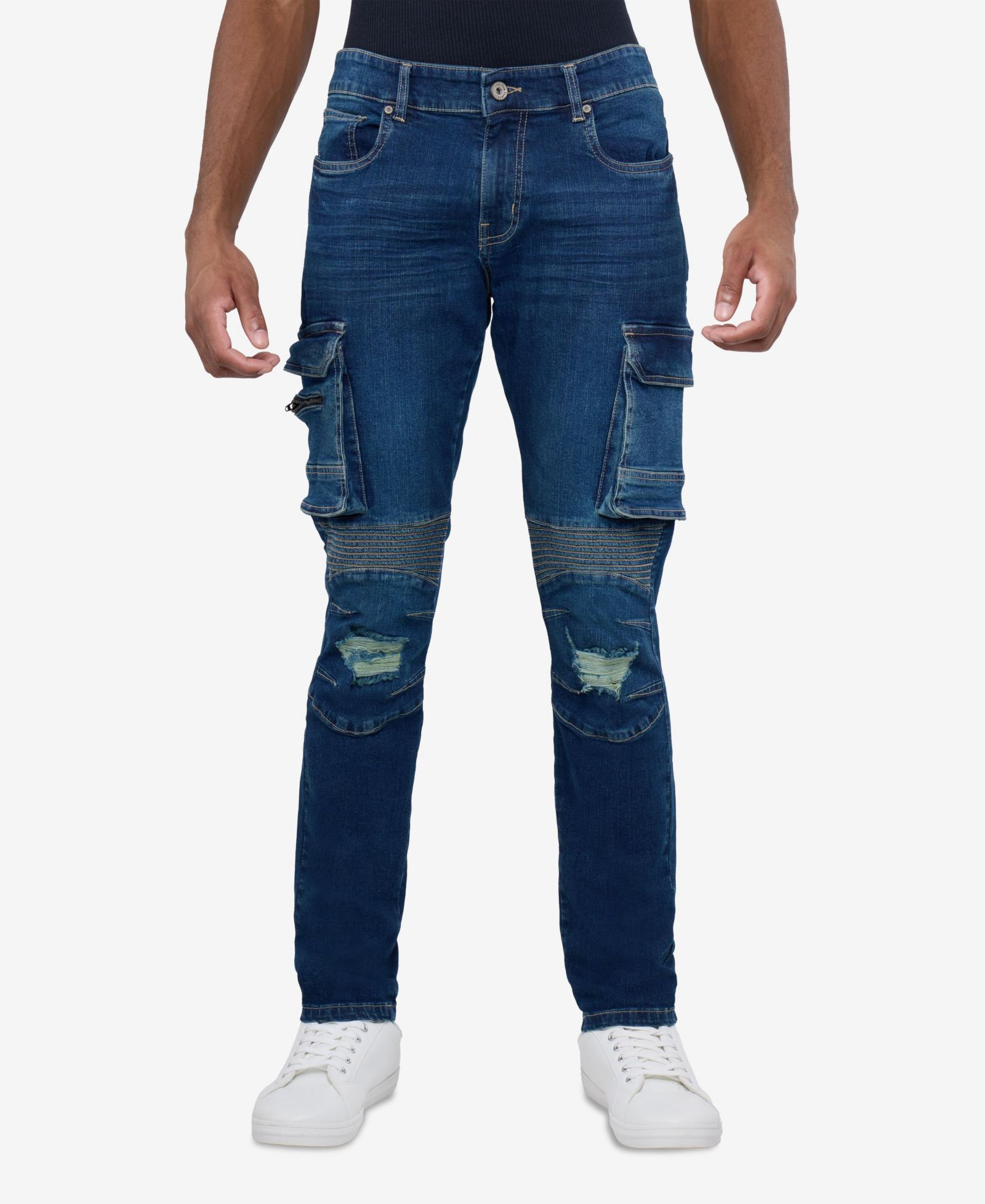 RAW X Men's Slim Fit Moto Rip Repair Cargo Jeans