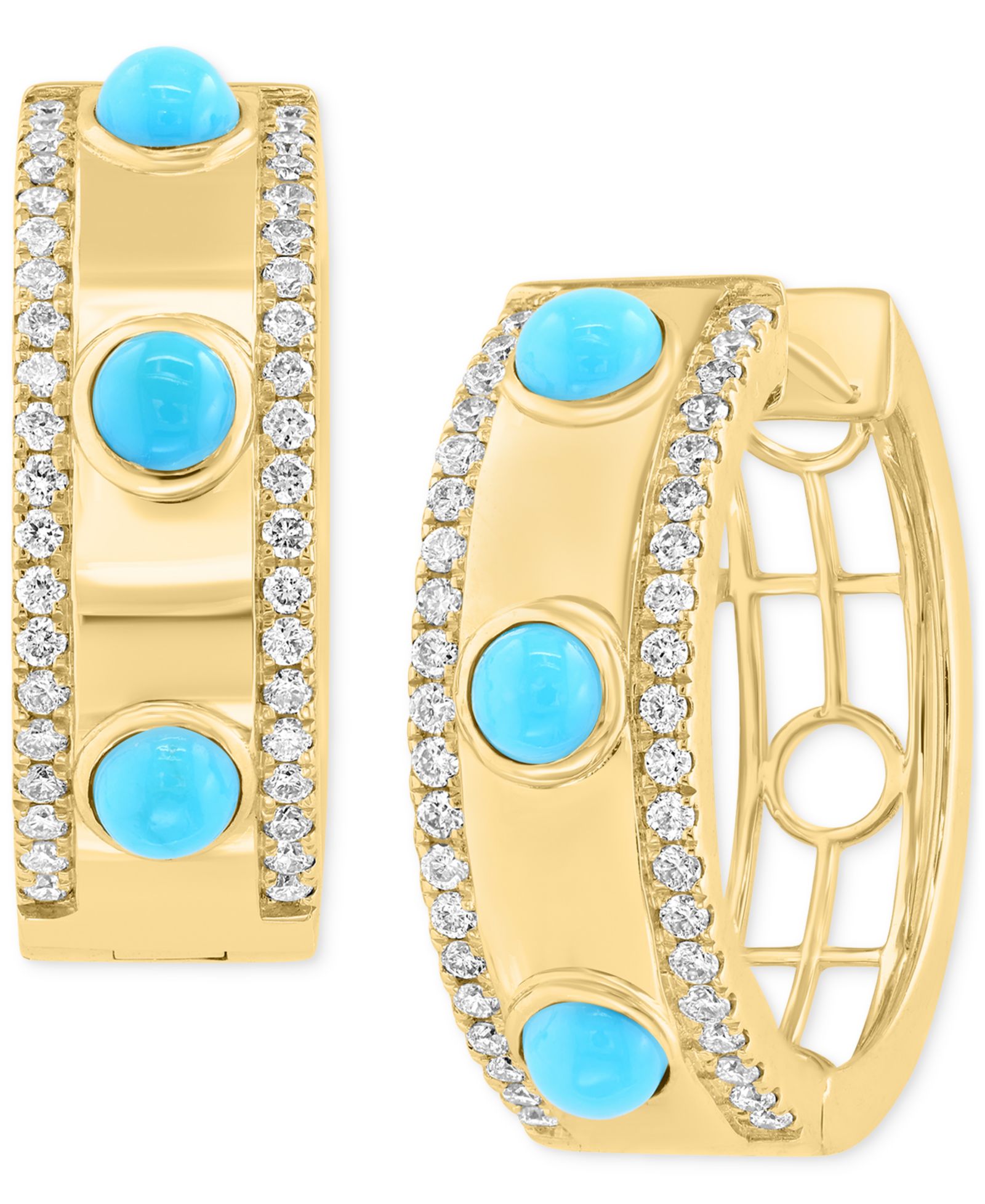 Серьги-кольца EFFY Turquoise (3mm) & Diamond (3/8 ct. t.w.) из серебра с напылением 14k Gold-Plated, 0.72"