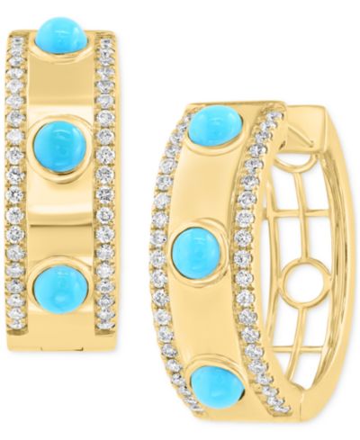 EFFY® Turquoise (3mm) & Diamond (3/8 ct. t.w.) Small Hoop Earrings in 14k Gold-Plated Silver, 0.72"