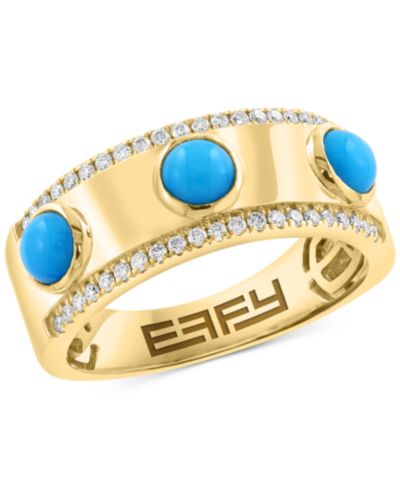 Кольцо EFFY® Turquoise (4mm) & Diamond (1/5 ct. t.w.) Band Ring в позолоченном серебре 14k Gold-Plated Silver