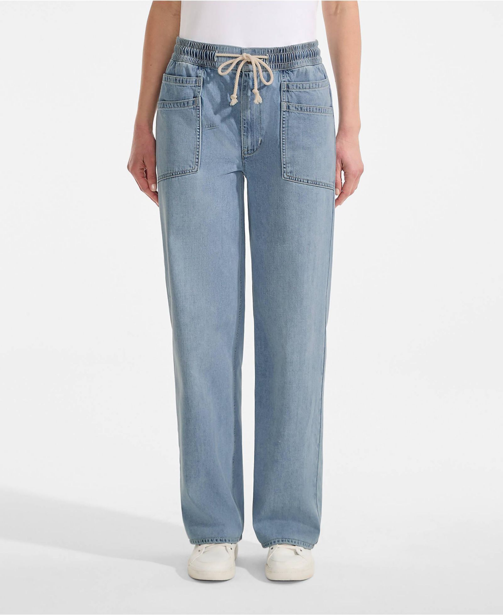 Lands' End Women's Lightweight Denim High Rise Relaxed Straight Pull On Pocket Jeans
