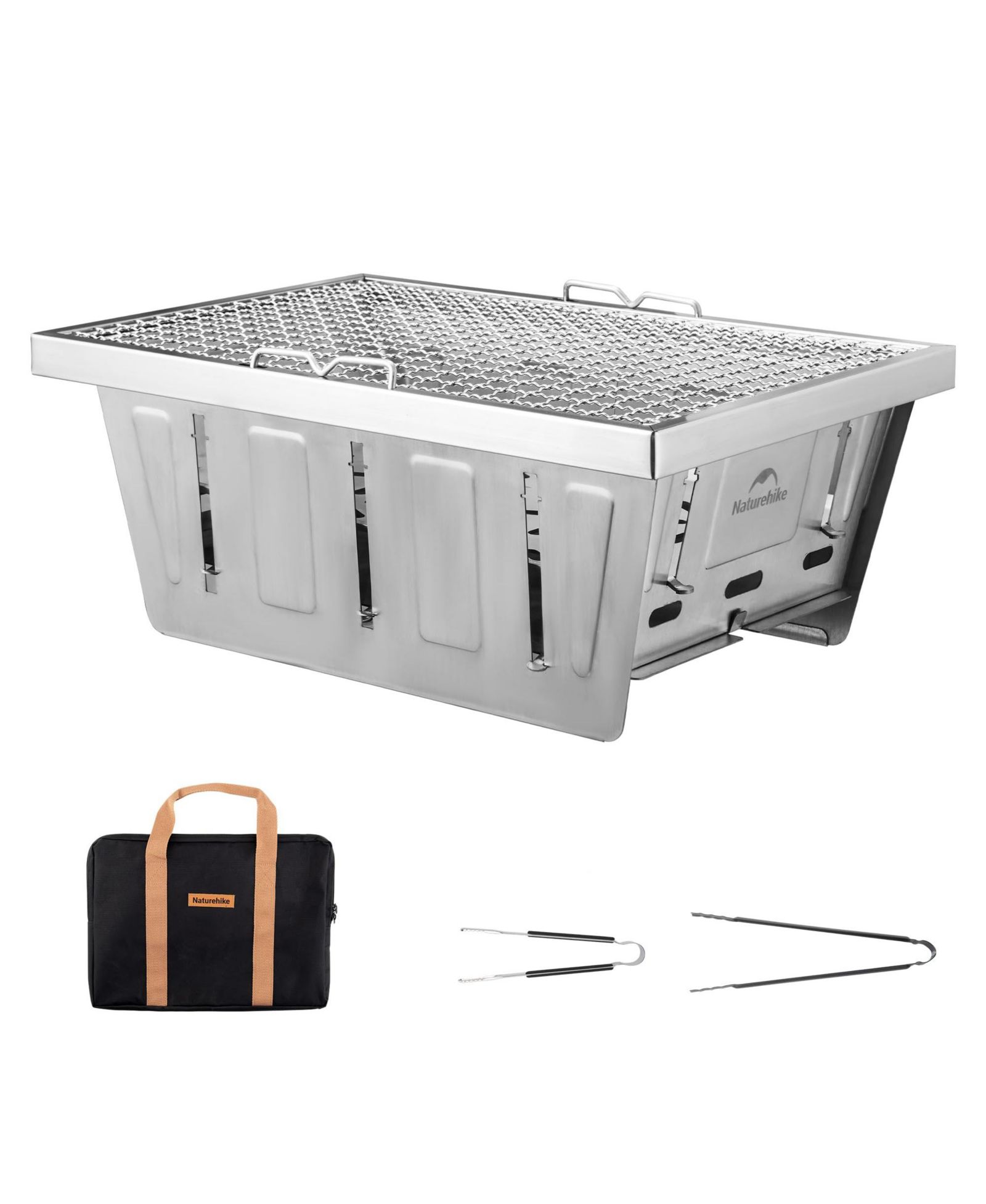Naturehike folding charcoal grill for IGT tables, includes tongs and carry bag, ideal for portable outdoor cooking, camping, and tailgating.
