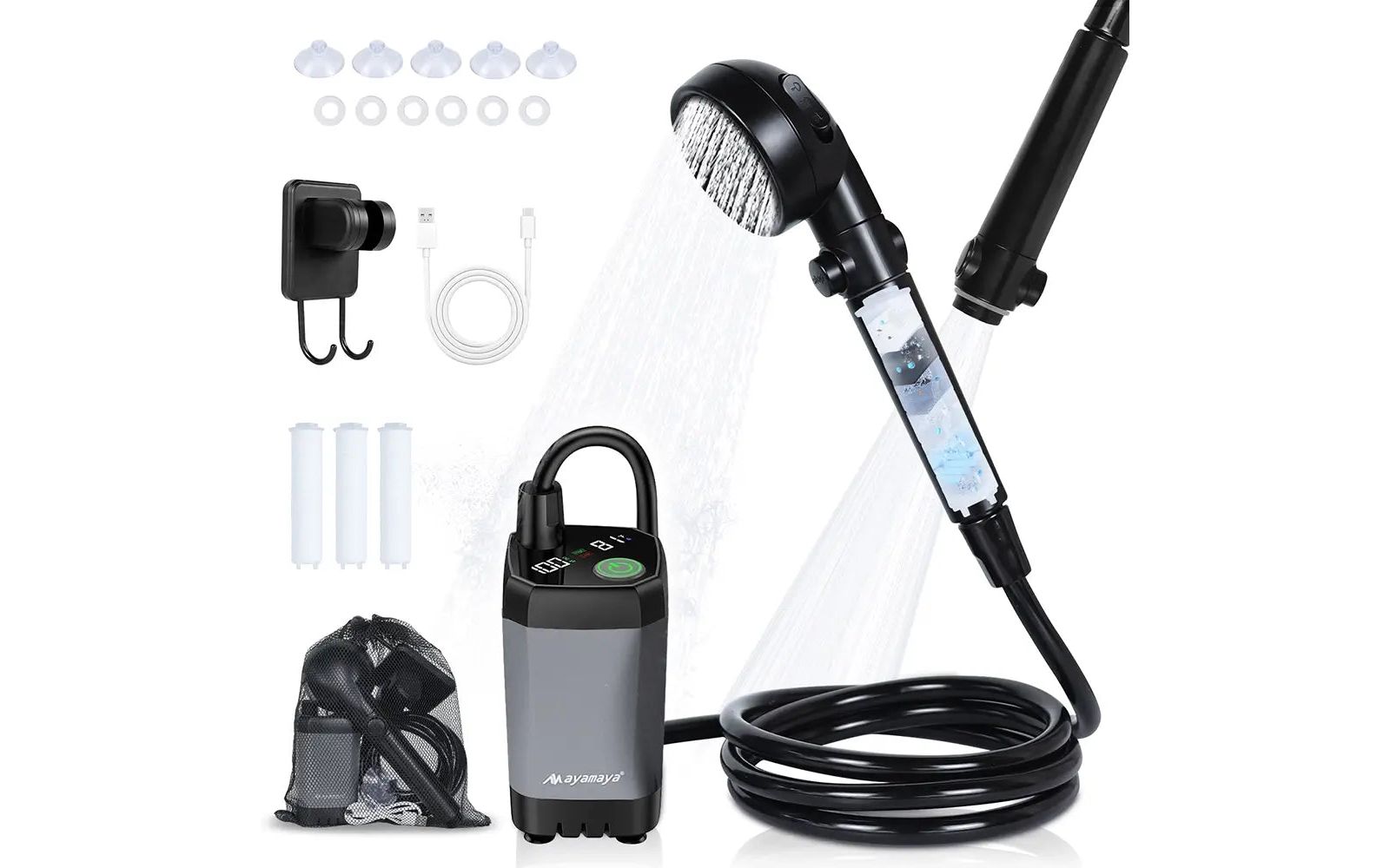 Ayamaya portable camping shower with rechargeable battery, filtered shower head, 4 spray modes, LED display for outdoor and travel use.
