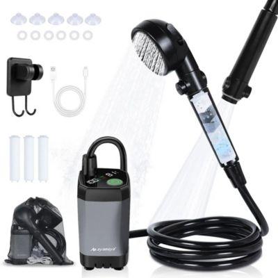 Ayamaya portable camping shower with rechargeable battery, filtered shower head, 4 spray modes, LED display for outdoor and travel use.