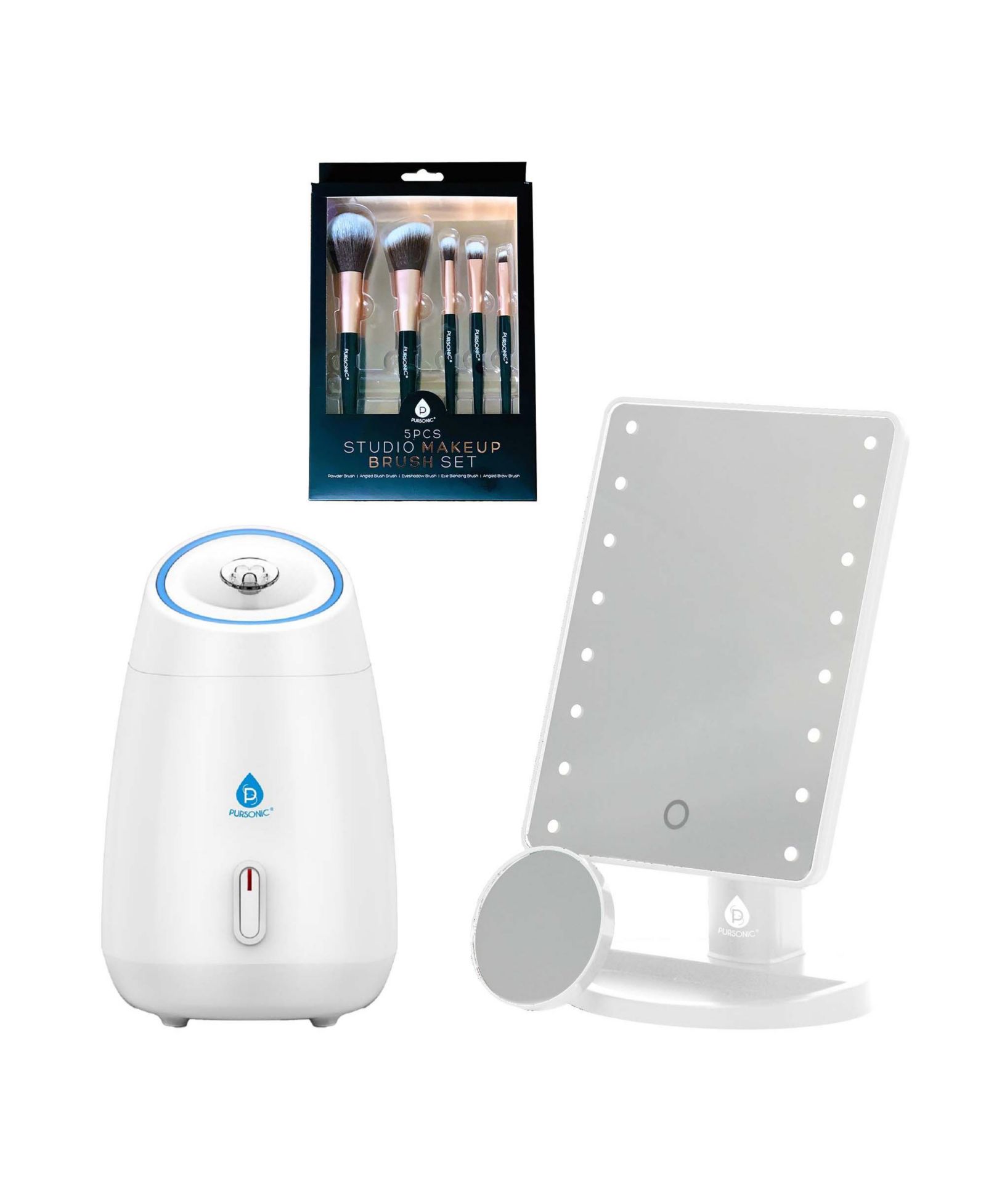 Набор для красоты Pursonic Glow & Go с LED зеркалом, отпаривателем для лица и набором из 5 кистей