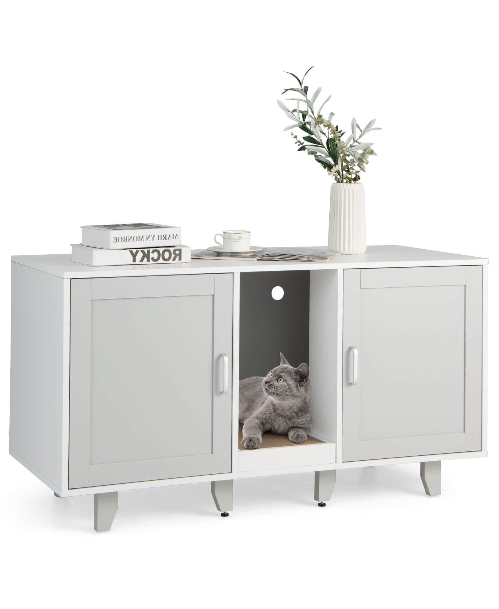 2-Door Cat Litter Box Enclosure with Winding Entry and Scratching Board
