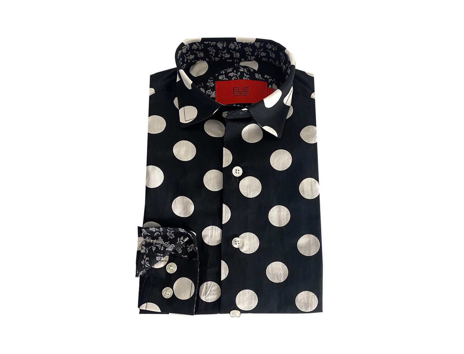Elie Balleh Little Boys Black Long Sleeve Navy Polka Dot Slim Fit Shirt