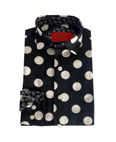 Elie Balleh Little Boys Black Long Sleeve Navy Polka Dot Slim Fit Shirt
