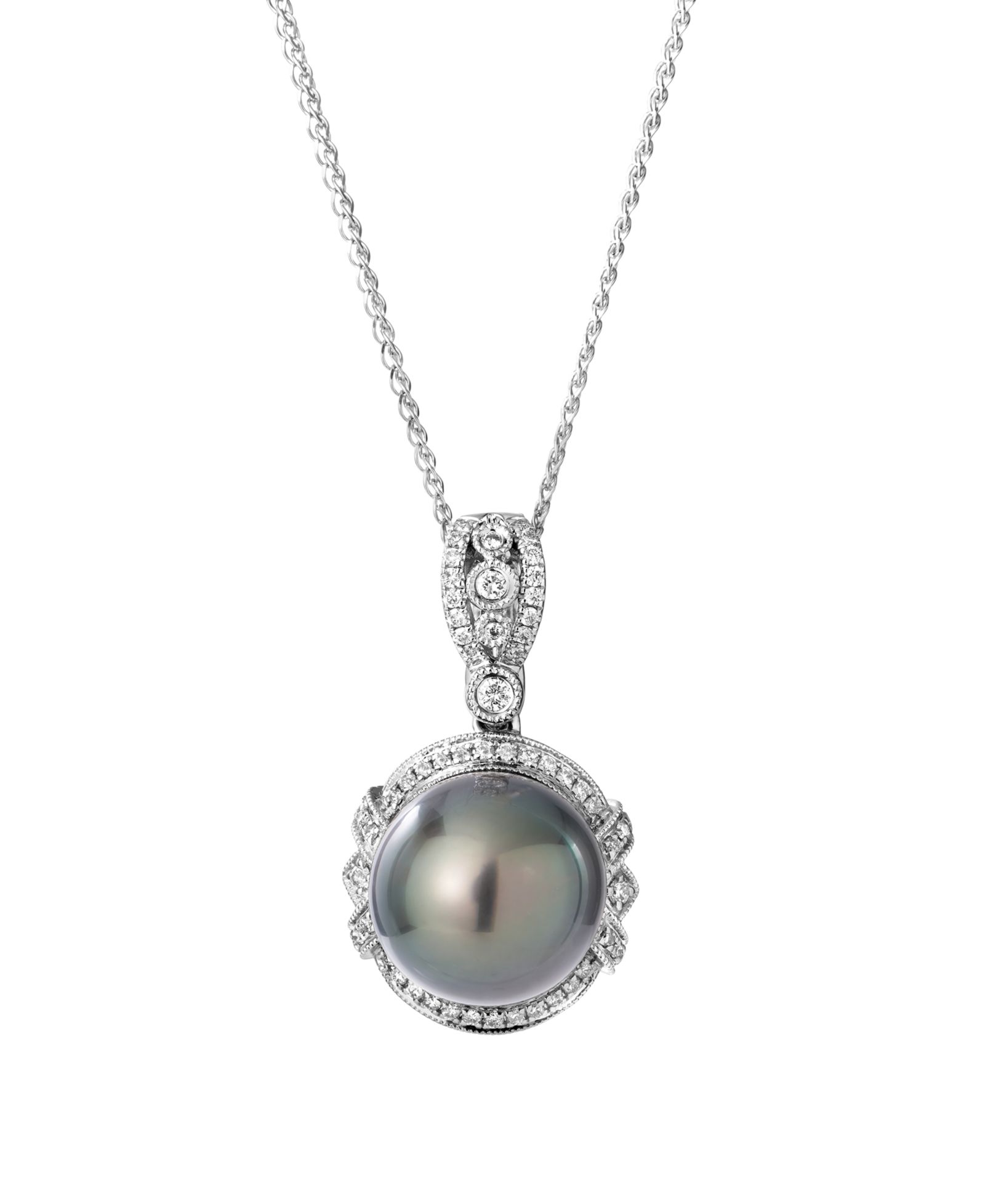 Macy's Tahitian Cultivated Pearl (11mm) and Diamond (1/4 ct. t.w.) Pendant Necklace in 14k White Gold