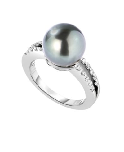 Macy's Кольцо с культивированным жемчугом Tahitian (10mm) и бриллиантом (1/4 ct. t.w.) в белом золоте 14k