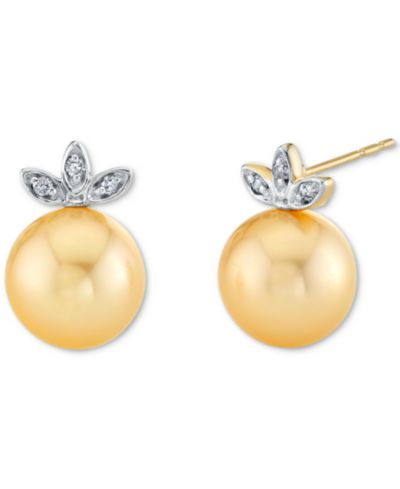 Macy's Серьги-гвоздики Cultured Golden South Sea Pearl (9mm) & Diamond Accent в 14k Yellow & White Gold