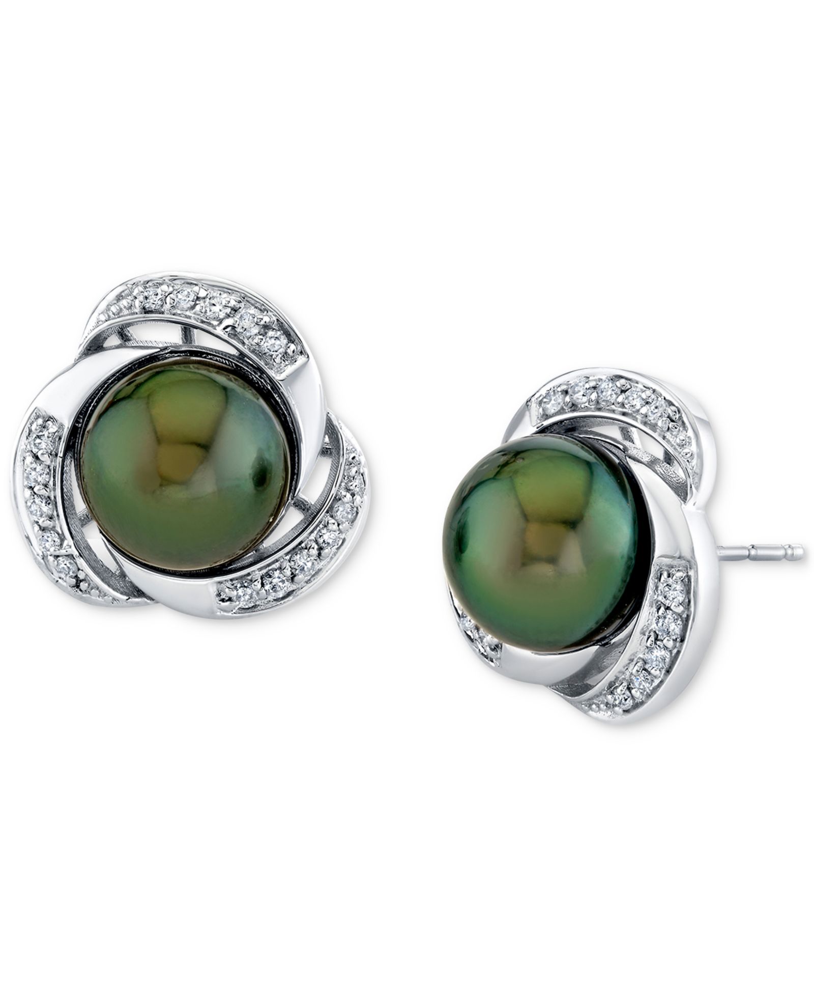 Серьги-гвоздики с таитянской жемчужиной Cultured (9mm) и бриллиантами (1/5 ct. tw.) в белом золоте 10k