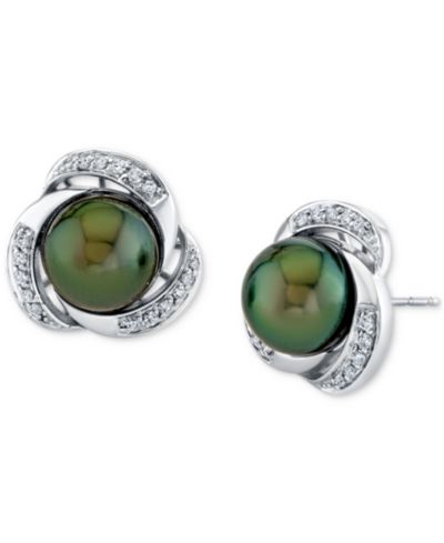 Серьги-гвоздики с таитянской жемчужиной Cultured (9mm) и бриллиантами (1/5 ct. tw.) в белом золоте 10k