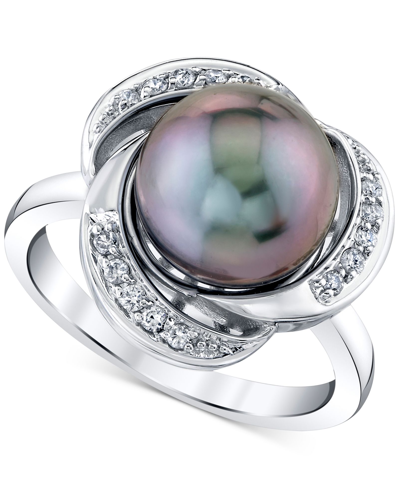 Macy's кольцо с таитянской жемчужиной (10mm) и бриллиантом (1/8 ct.tw) в белом золоте 10k Statement Ring