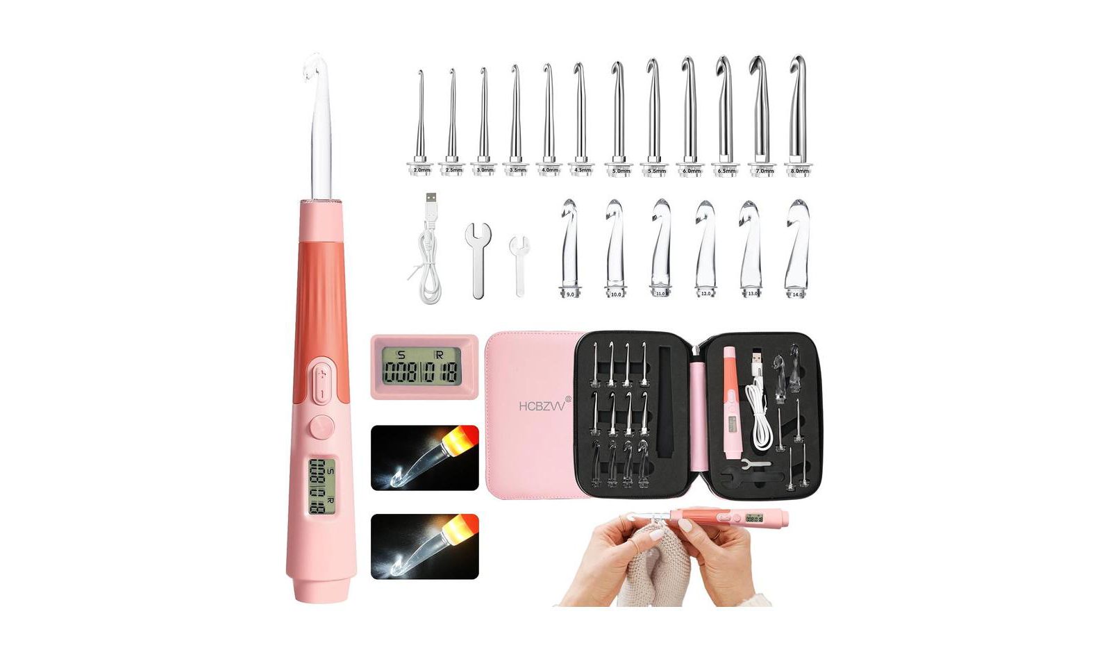 Zcvtbye Rechargeable Lighted Crochet Hook Set with Stitch Counter, 22 Interchangeable Metal Heads, Ergonomic Handle – Gift for Knitters