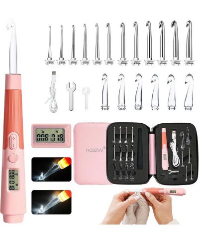 Набор крючков для вязания Zcvtbye Rechargeable Lighted Crochet Hook Set with Stitch Counter 22 Interchangeable Metal Heads Ergonomic Handle