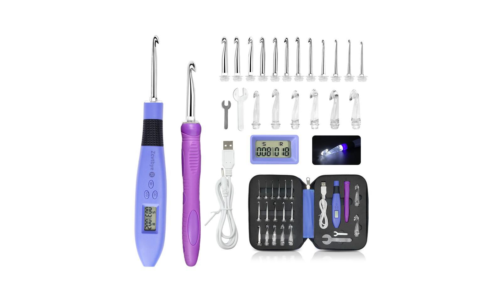 Zcvtbye Rechargeable Lighted Crochet Hook Set with Stitch Counter, 18 Interchangeable Metal Heads, Ergonomic Handle – Gift for Knitters