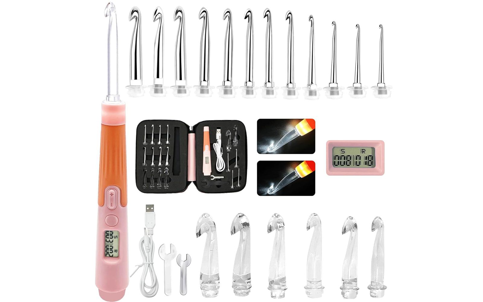 Zcvtbye Rechargeable LED Lighted Crochet Hook Set with Stitch Counter, 18 Interchangeable Metal Heads, Ergonomic Handle