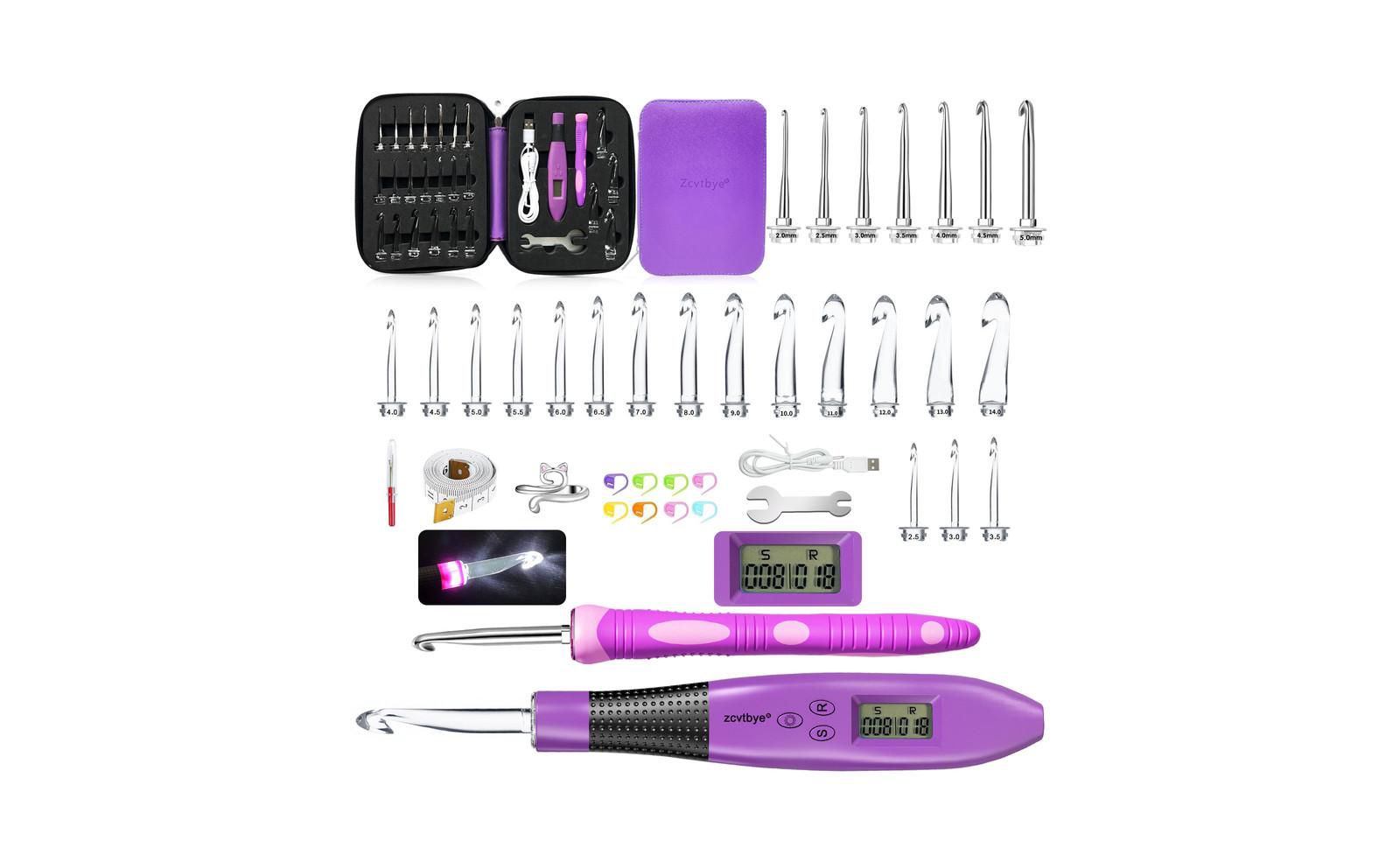 Zcvtbye Rechargeable LED Lighted Crochet Hook Set with Stitch Counter, 24 Interchangeable Metal Heads, Ergonomic Handle